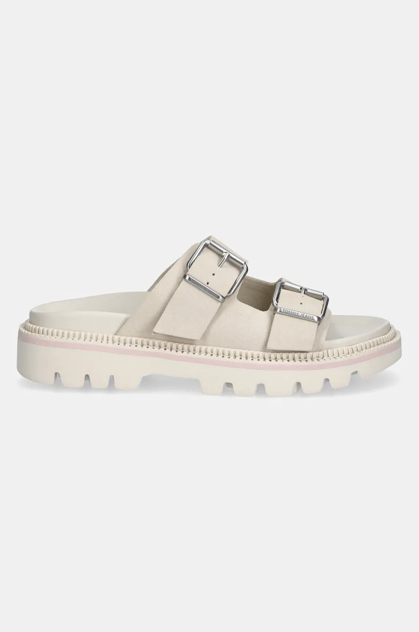 Замшевые шлепанцы Tommy Jeans DOUBLE STRAP SANDAL SUEDE женские цвет бежевый на платформе EN0EN02797 Замшевые шлепанцы Tommy Jeans DOUBLE STRAP SANDAL SUEDE женские цвет бежевый на платформе EN0EN02797