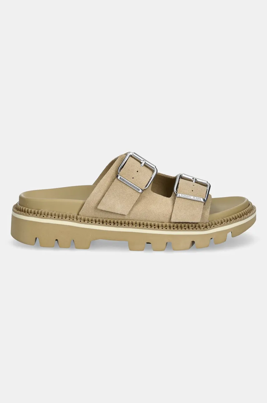 Замшевые шлепанцы Tommy Jeans DOUBLE STRAP SANDAL SUEDE женские цвет бежевый на платформе EN0EN02797 Замшевые шлепанцы Tommy Jeans DOUBLE STRAP SANDAL SUEDE женские цвет бежевый на платформе EN0EN02797