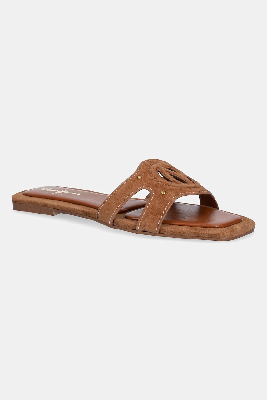 Pepe Jeans papuci din piele FRIDA SOFT femei, culoarea maro, PLS90697 Pepe Jeans papuci din piele FRIDA SOFT femei, culoarea maro, PLS90697