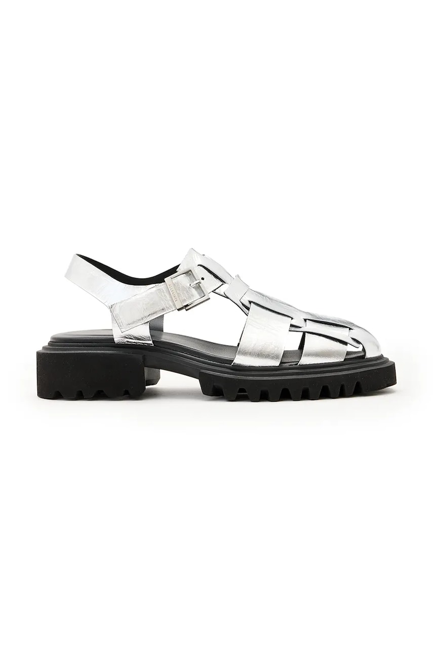 AllSaints sandale de piele Tess Sandal femei, culoarea argintiu, cu toc drept, W042FC AllSaints sandale de piele Tess Sandal femei, culoarea argintiu, cu toc drept, W042FC