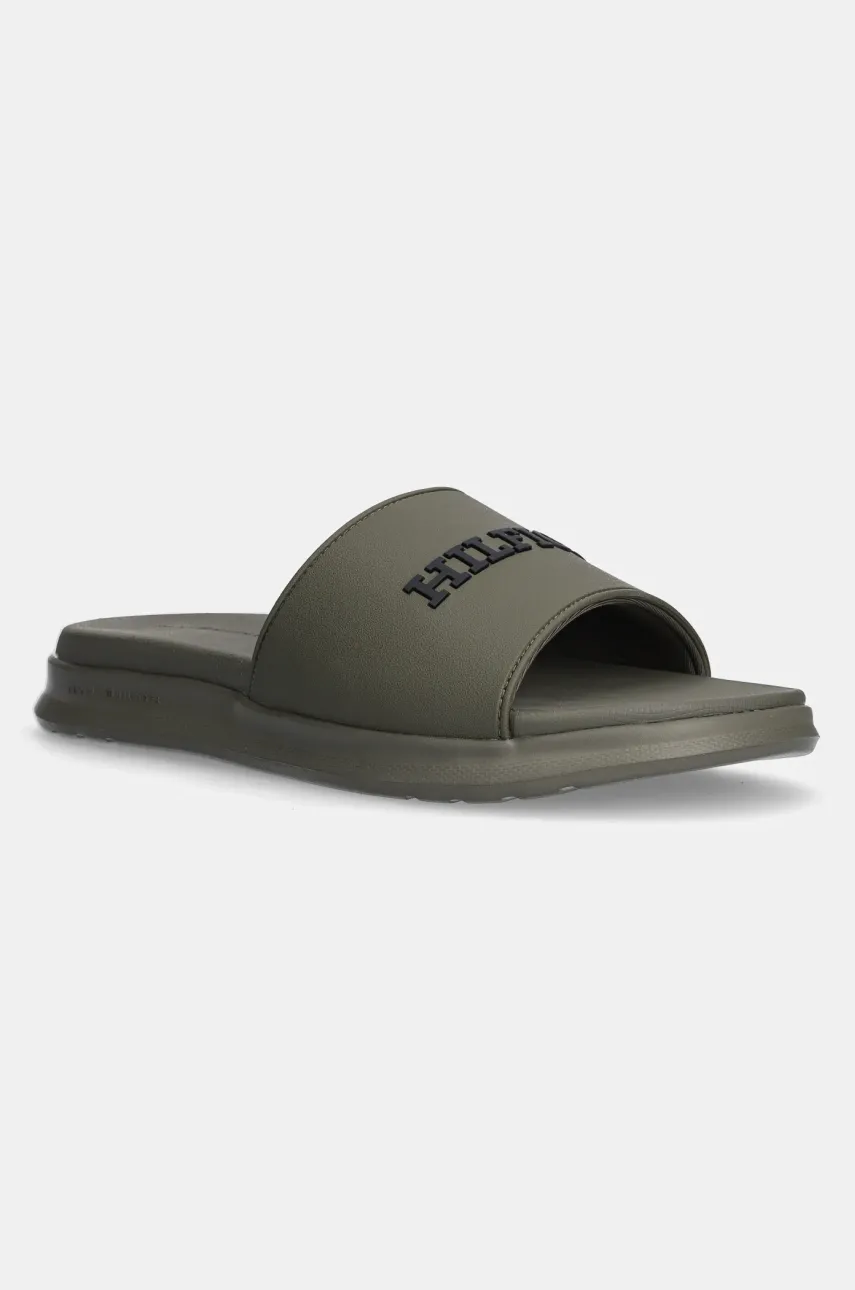 Levně Pantofle Tommy Hilfiger DUAL DENSITY HILFIGER POOL SLIDE pánské, zelená barva, FM0FM05430