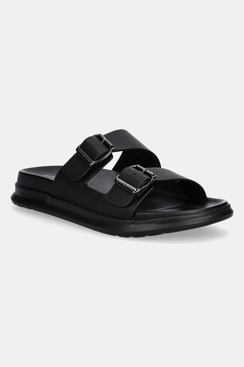 Levně Kožené pantofle Tommy Hilfiger D DENSITY HILFIGER LTH SAND pánské, černá barva, FM0FM05414