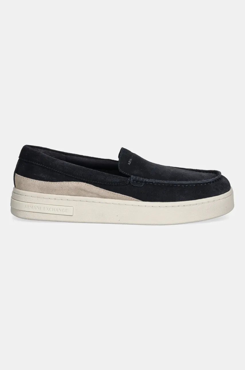 Кожаные мокасины Armani Exchange мужской цвет синий XUY011 XV868 U645 Кожаные мокасины Armani Exchange мужской цвет синий XUY011 XV868 U645