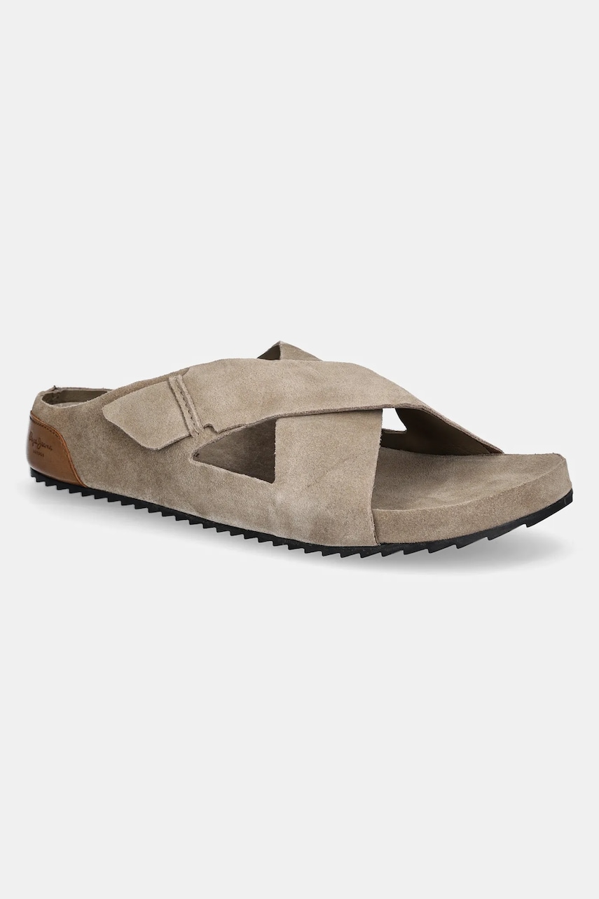 Pepe Jeans papuci din piele CORBY CROSS bărbați, culoarea bej, PMS90124 Pepe Jeans papuci din piele CORBY CROSS bărbați, culoarea bej, PMS90124