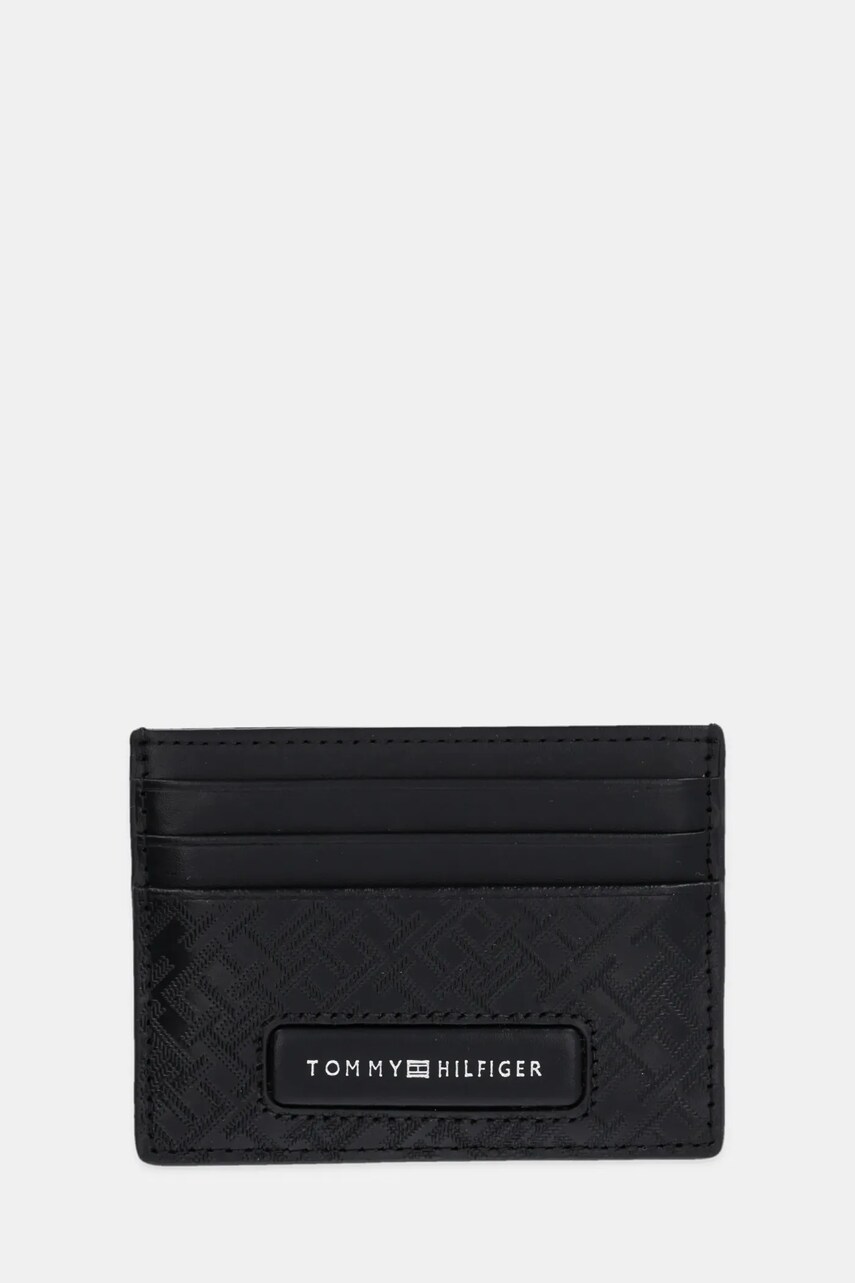 Levně Kožené pouzdro na karty Tommy Hilfiger černá barva, AM0AM13026