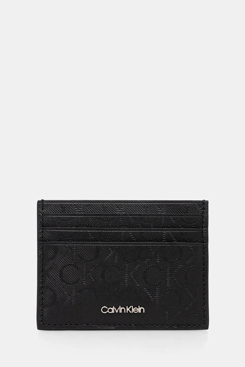 Levně Kožené pouzdro na karty Calvin Klein černá barva, K50K512701