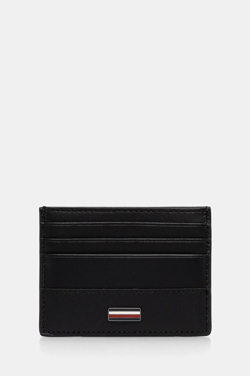 Levně Kožené pouzdro na karty Tommy Hilfiger černá barva, AM0AM13243