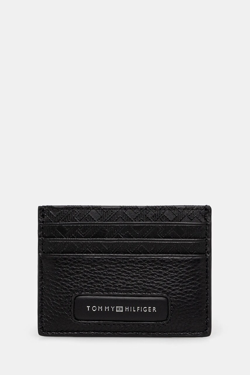 Levně Kožené pouzdro na karty Tommy Hilfiger černá barva, AM0AM13250