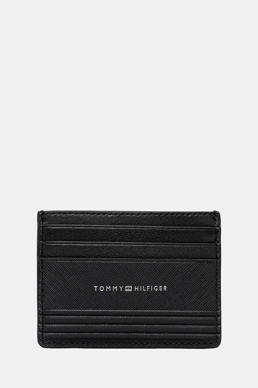 Levně Kožené pouzdro na karty Tommy Hilfiger černá barva, AM0AM13257