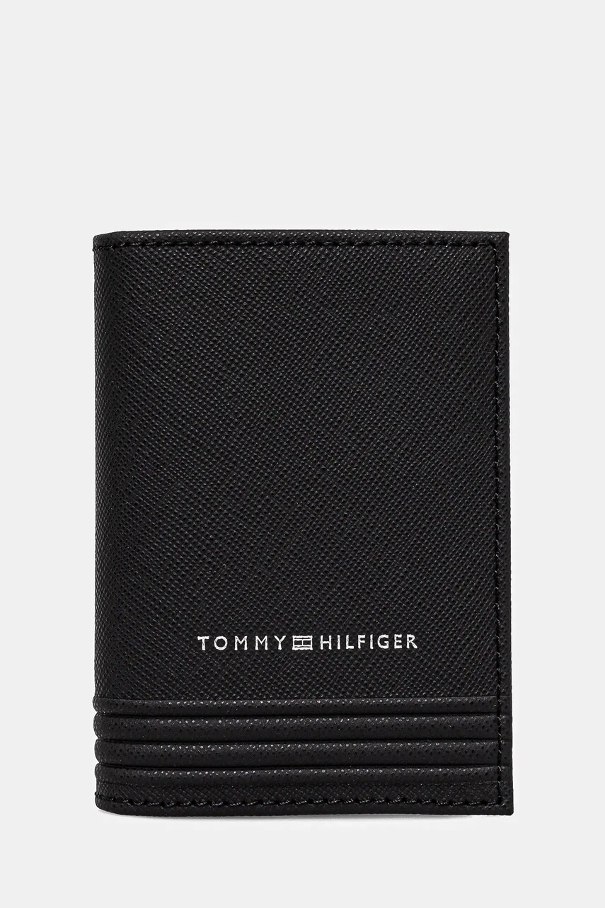Levně Kožené pouzdro na karty Tommy Hilfiger černá barva, AM0AM13262