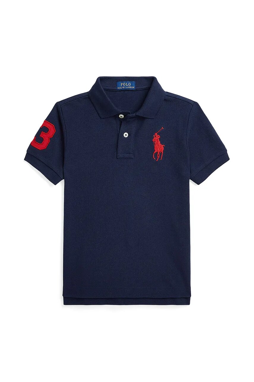 Levně Dětská bavlněná polokošile Polo Ralph Lauren tmavomodrá barva, s aplikací, 322703635100