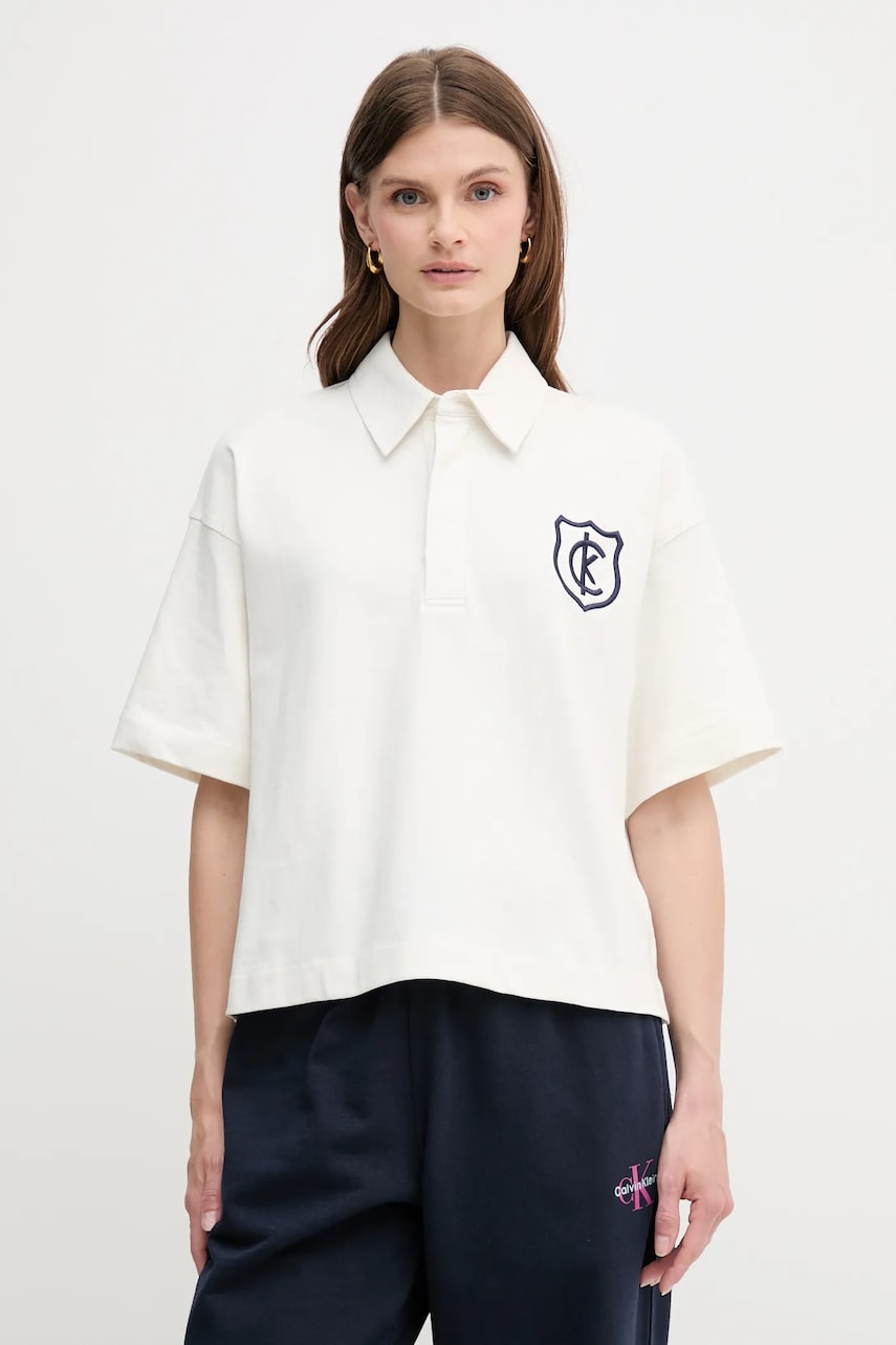Levně Bavlněné polo tričko Calvin Klein Jeans dámské, béžová barva, LV047B209G
