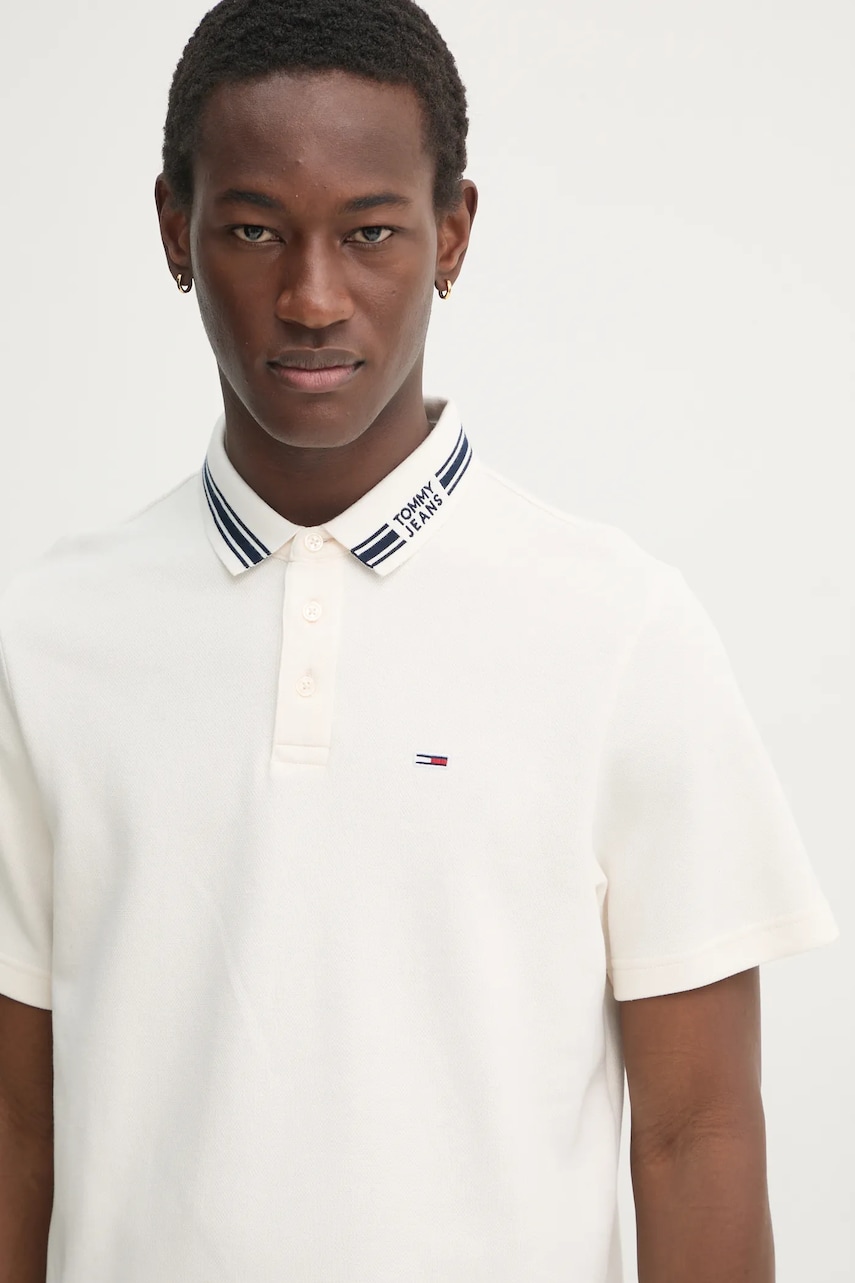 Tommy Jeans tricou polo barbati, culoarea bej, neted, DM0DM20225