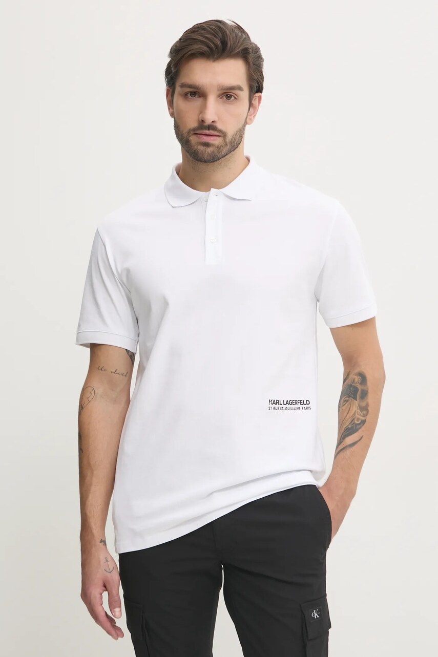 Karl Lagerfeld polo de bumbac culoarea alb, cu imprimeu, 551230.745293