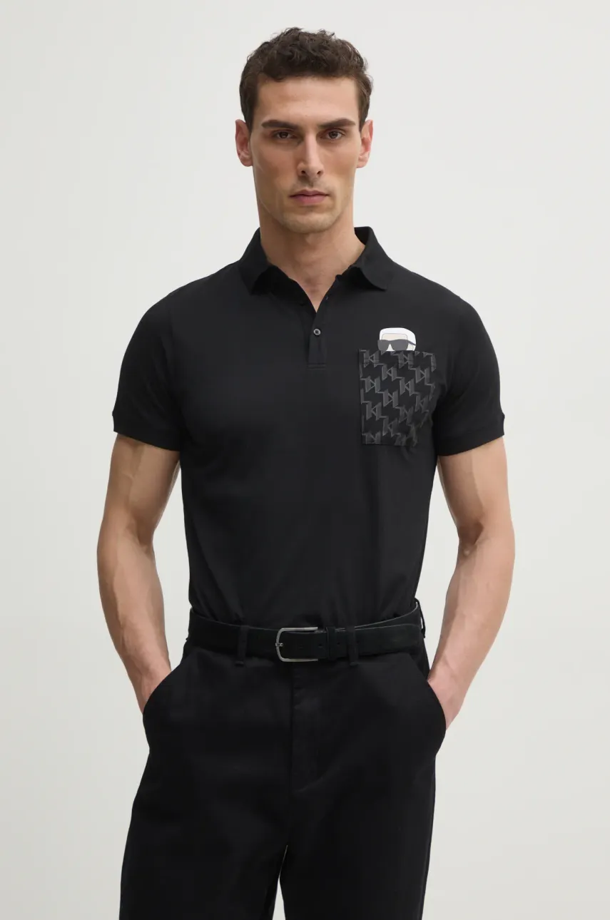 Karl Lagerfeld polo de bumbac barbati, culoarea negru, cu imprimeu, 551251.745091