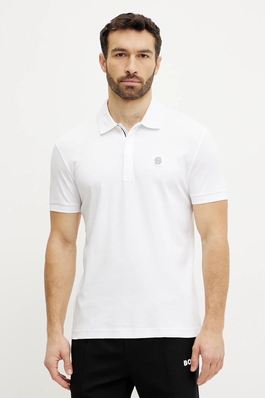 BOSS Green polo de bumbac culoarea alb, cu imprimeu, 50533273 BOSS Green polo de bumbac culoarea alb, cu imprimeu, 50533273