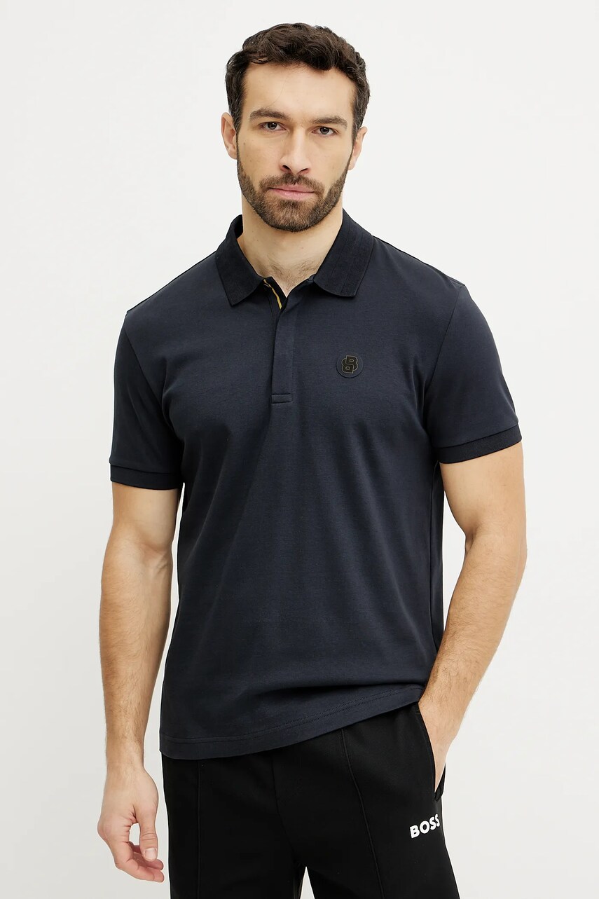 BOSS Green polo de bumbac culoarea albastru marin, cu imprimeu, 50533273