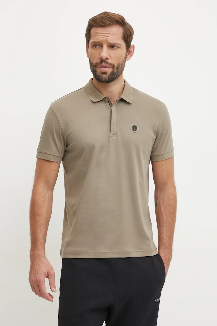 BOSS Green polo de bumbac culoarea bej, cu imprimeu, 50533273 BOSS Green polo de bumbac culoarea bej, cu imprimeu, 50533273