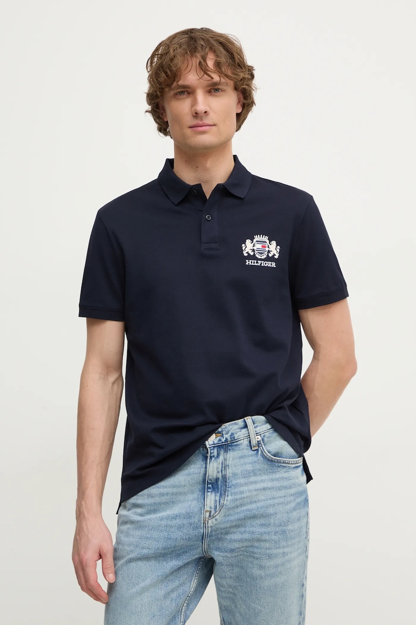 Levně Bavlněné polo tričko Tommy Hilfiger tmavomodrá barva, s aplikací, MW0MW37516
