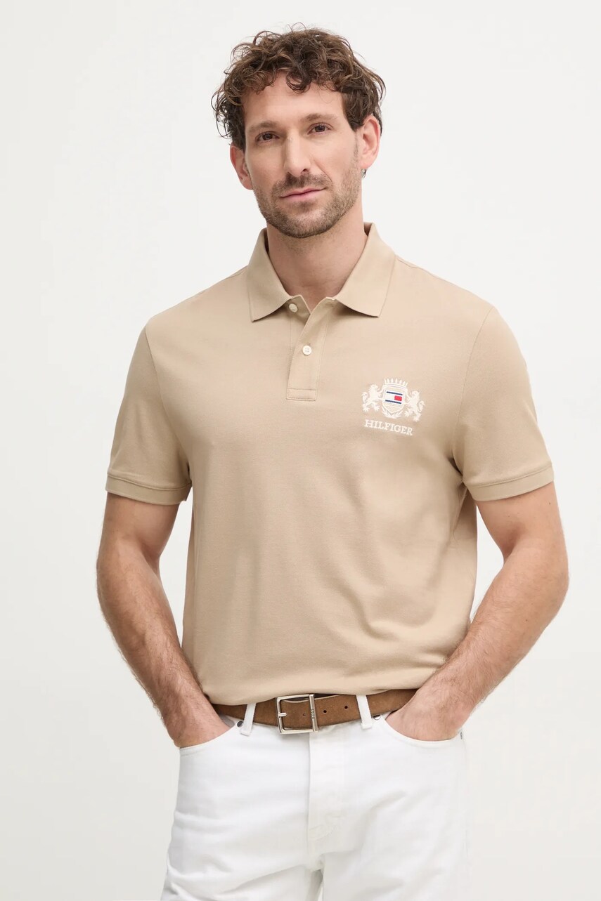 Levně Bavlněné polo tričko Tommy Hilfiger béžová barva, s aplikací, MW0MW37516