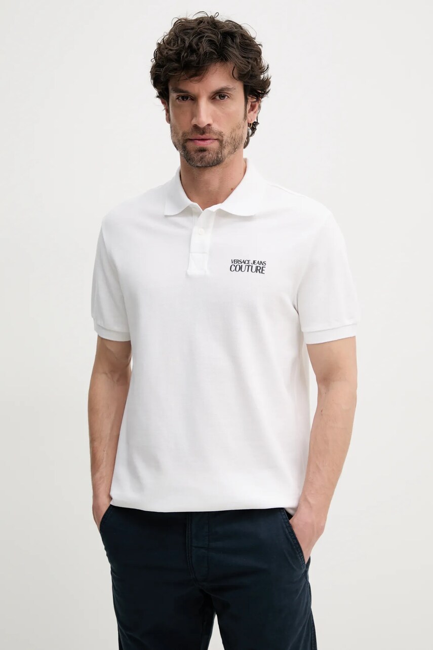 Versace Jeans Couture polo de bumbac barbati, culoarea bej, cu imprimeu, 78GAG623 J0003