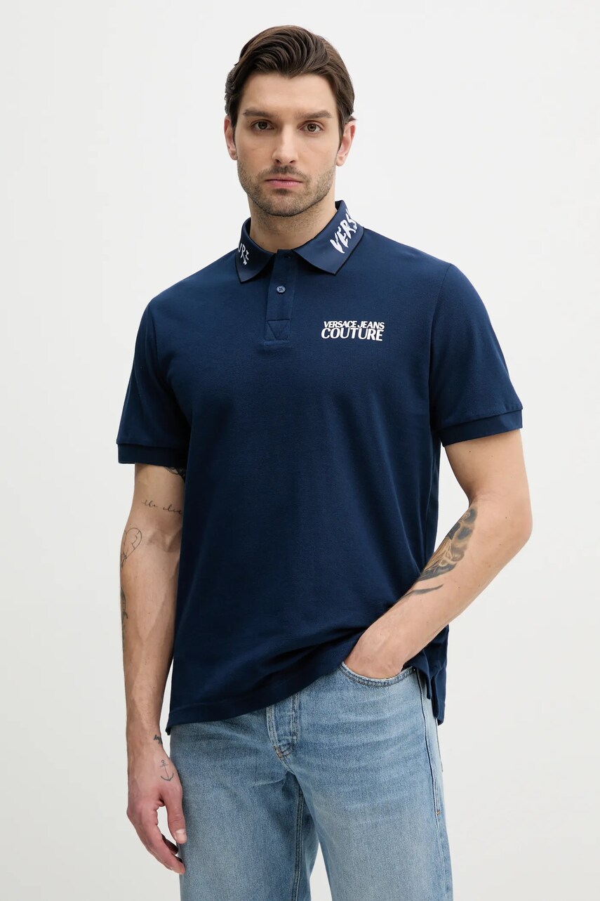 Versace Jeans Couture polo de bumbac barbati, culoarea albastru marin, cu imprimeu, 78GAGT05 CJ01T