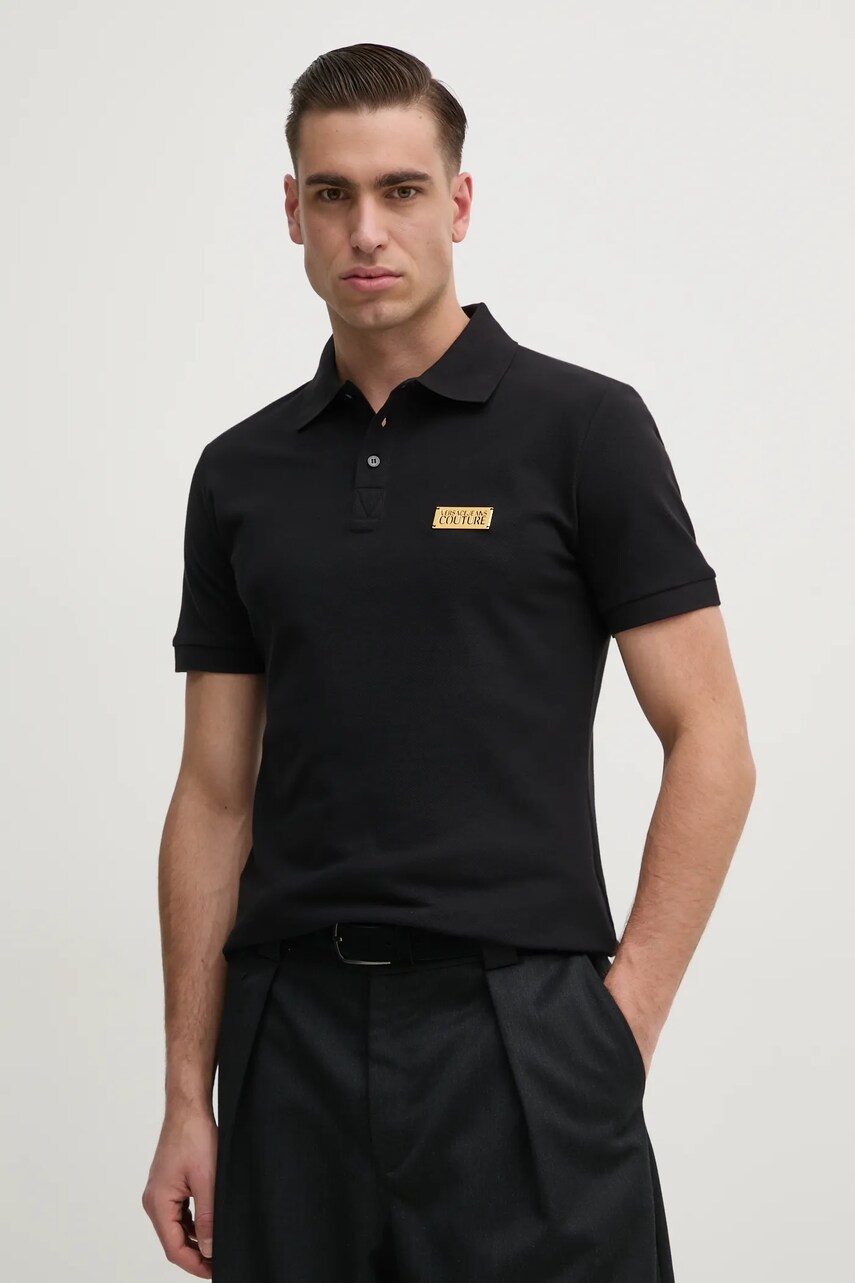 Versace Jeans Couture polo de bumbac barbati, culoarea negru, cu imprimeu, 78GAGT08 CJ01T