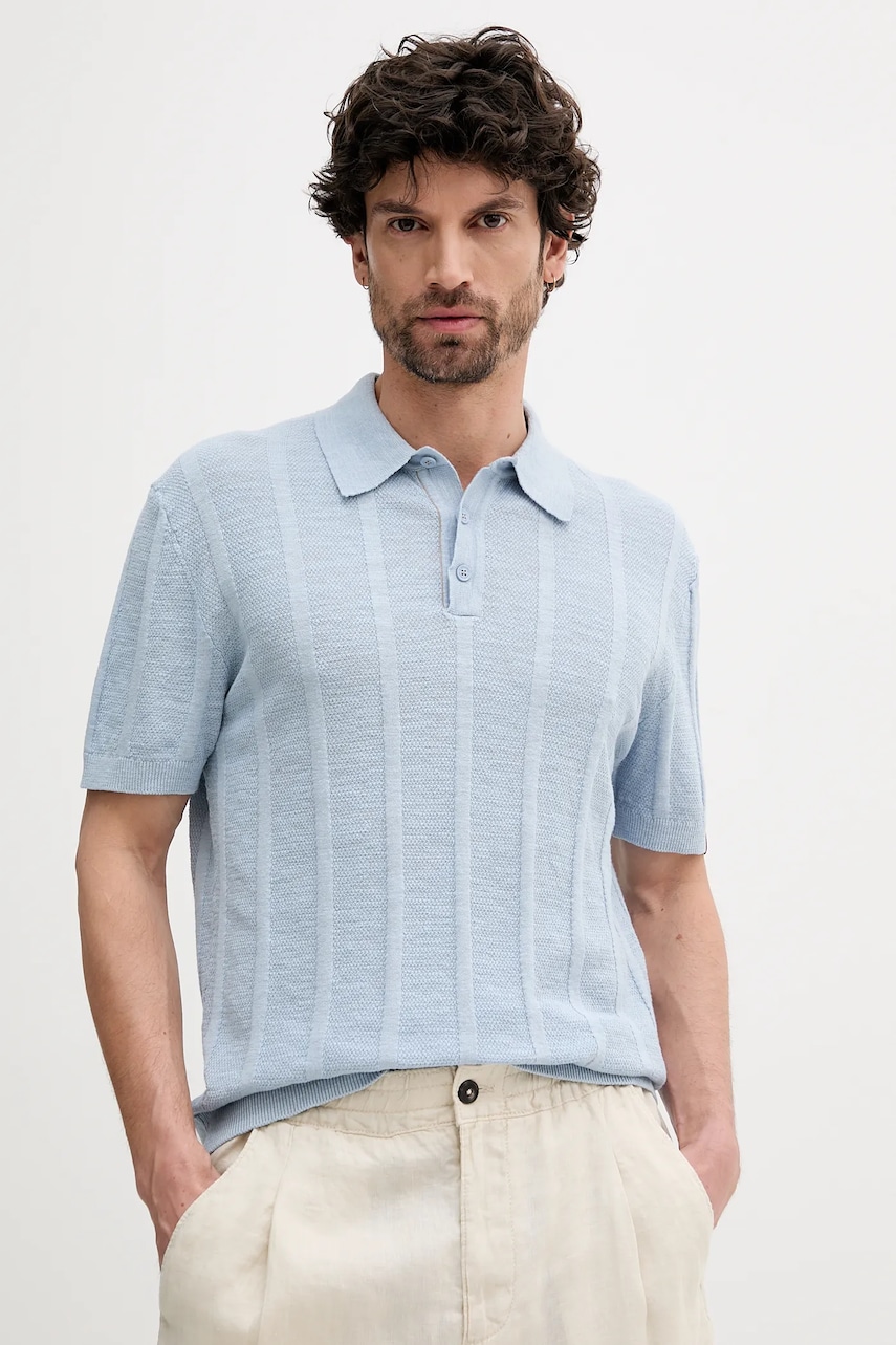 Levně Polo tričko se lněnou směsí United Colors of Benetton pánské, modrá barva, 115GK301G