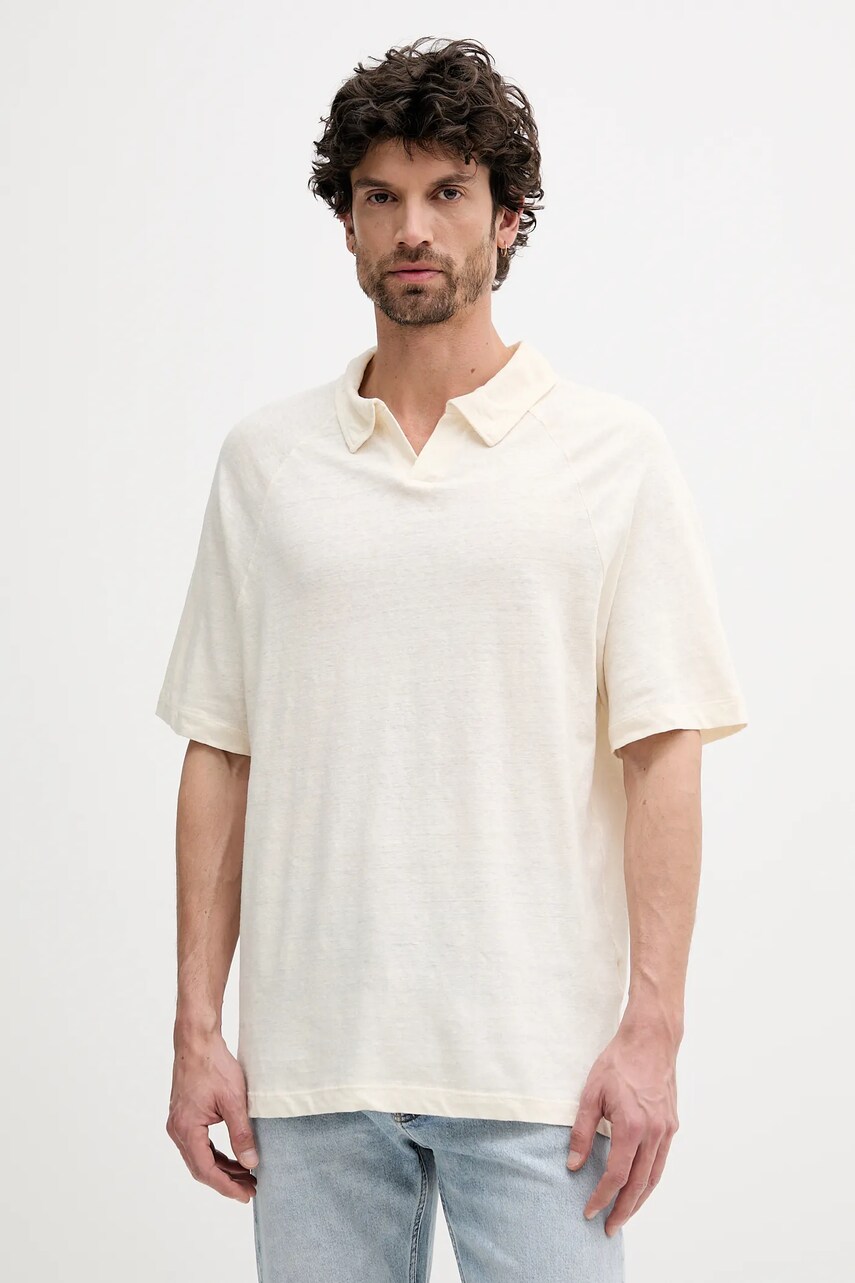 Levně Plátěné polo tričko United Colors of Benetton pánské, béžová barva, 3UTFU302A