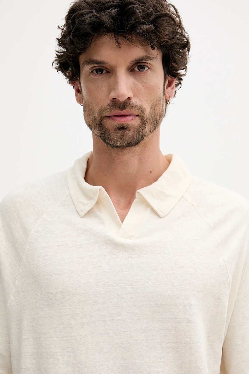 Λινό πόλο United Colors of Benetton χρώμα: μπεζ, 3UTFU302A φωτογραφία