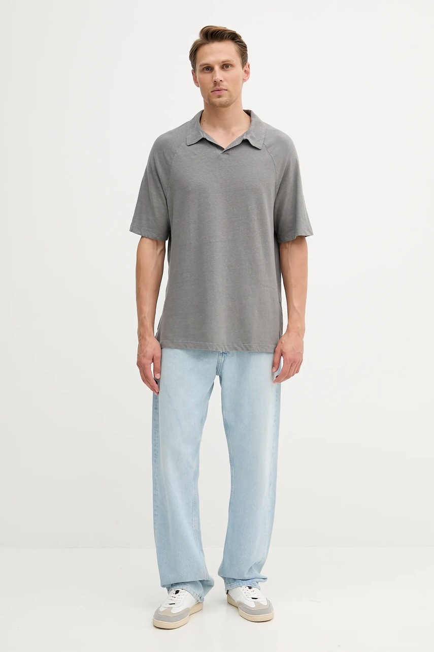 Льняное поло United Colors of Benetton цвет серый однотонное 3UTFU302A