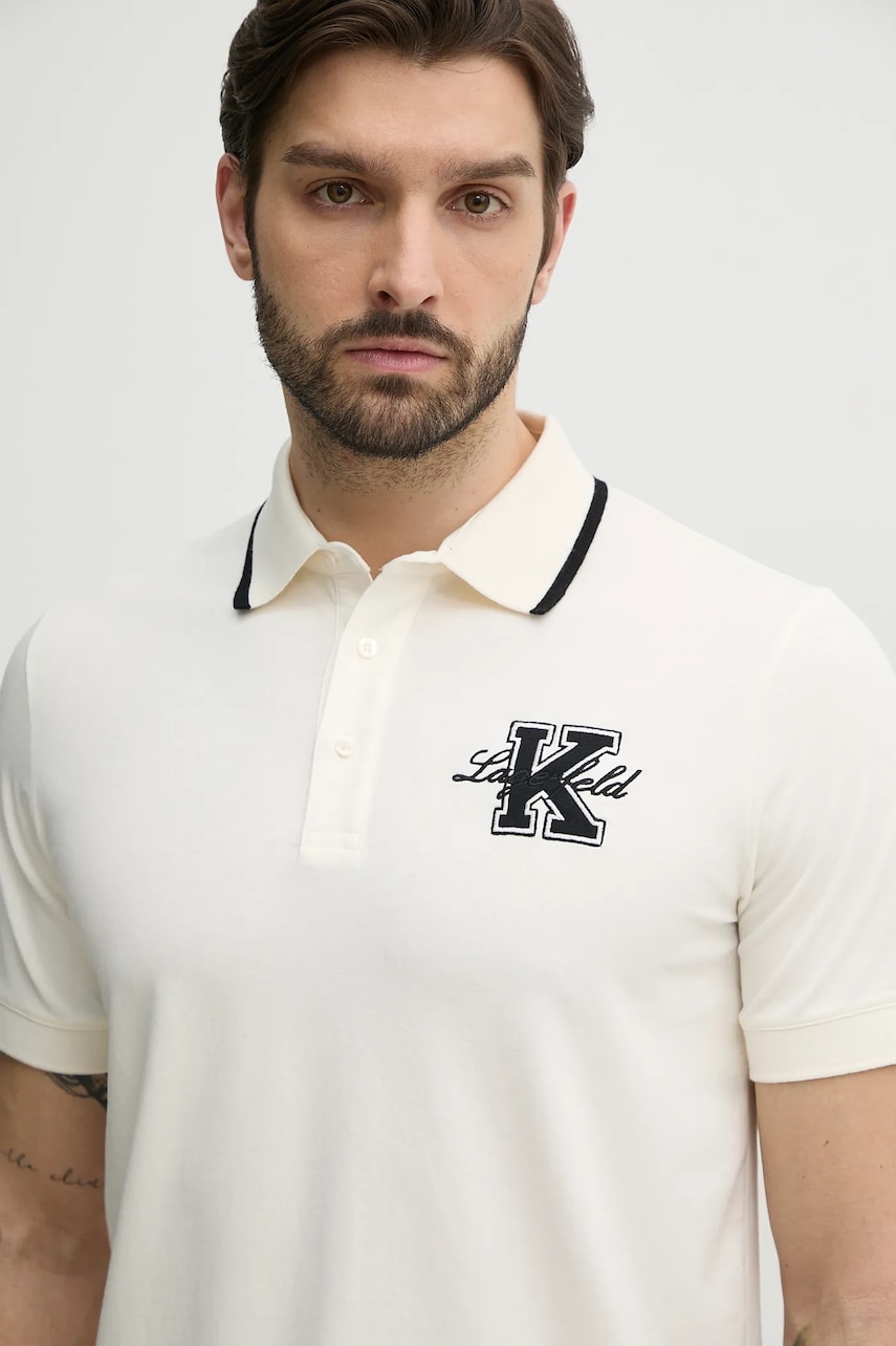 Karl Lagerfeld tricou polo barbati, culoarea bej, cu imprimeu, 552221.745015