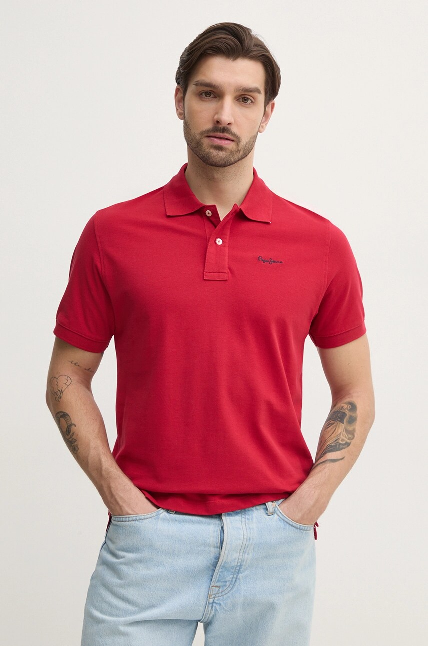 Pepe Jeans polo de bumbac ESSENTIAL POLO CONTRAST LOGO barbati, culoarea rosu, neted, PM542298