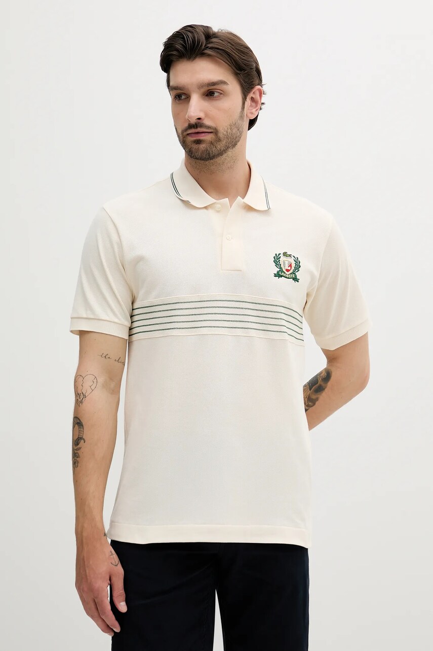 Lacoste polo de bumbac barbati, culoarea bej, cu imprimeu, PH0037