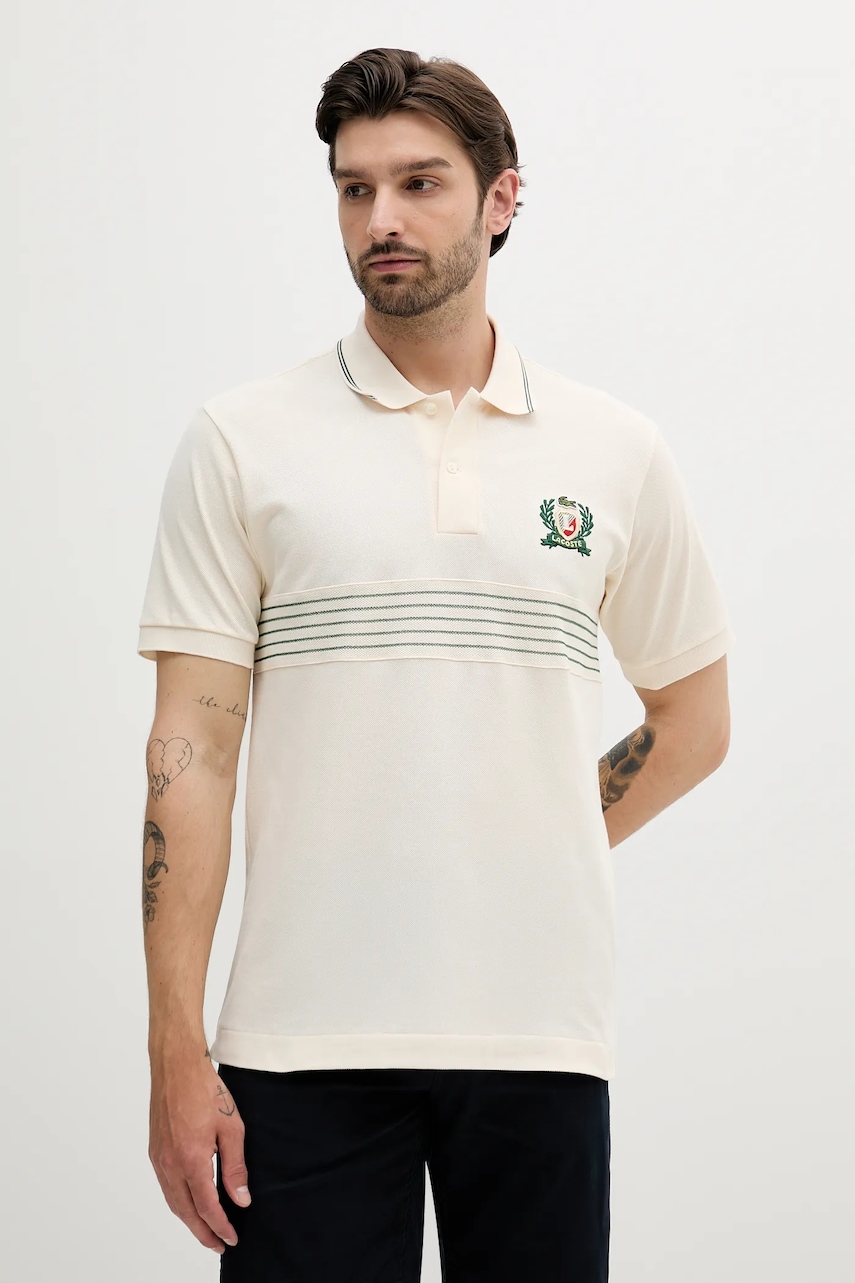 Lacoste polo de bumbac bărbați, culoarea bej, cu imprimeu, PH0037