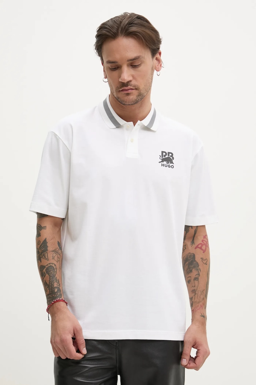 HUGO tricou polo x RACING BULLS barbati, culoarea bej, cu imprimeu, 50542748