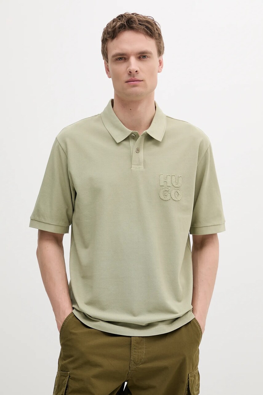 Levně Bavlněné polo tričko HUGO pánské, zelená barva, 50535286