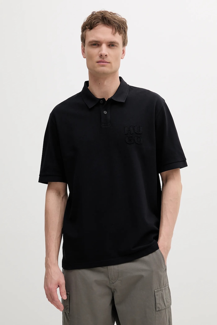 Levně Bavlněné polo tričko HUGO pánské, černá barva, 50535286