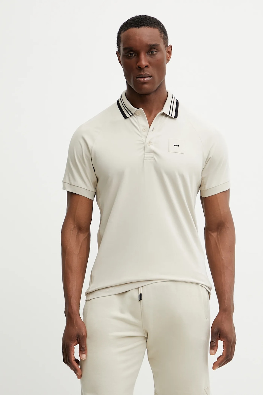 BOSS Green tricou polo barbati, culoarea bej, cu imprimeu, 50538176
