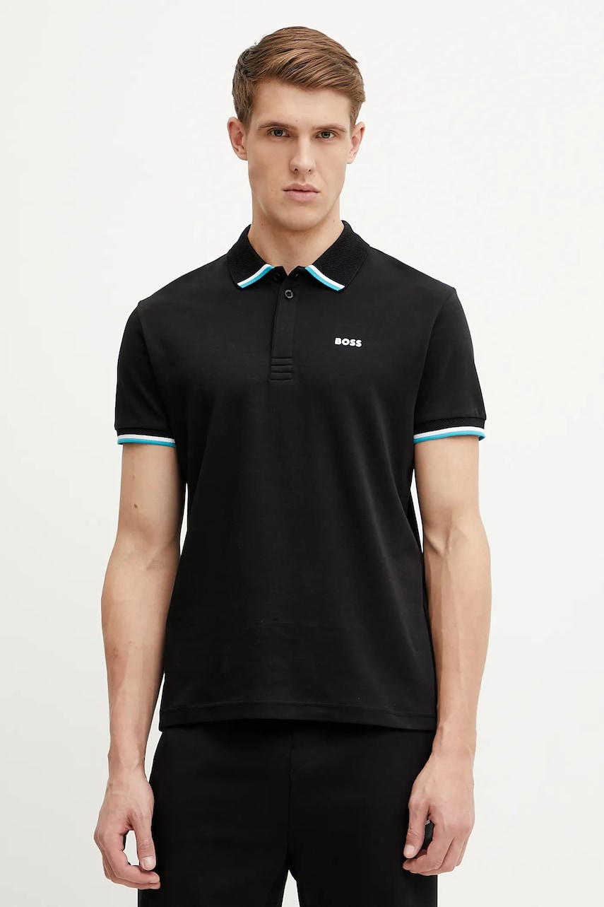 BOSS Green polo de bumbac bărbați, culoarea negru, cu imprimeu, 50538185 BOSS Green polo de bumbac bărbați, culoarea negru, cu imprimeu, 50538185