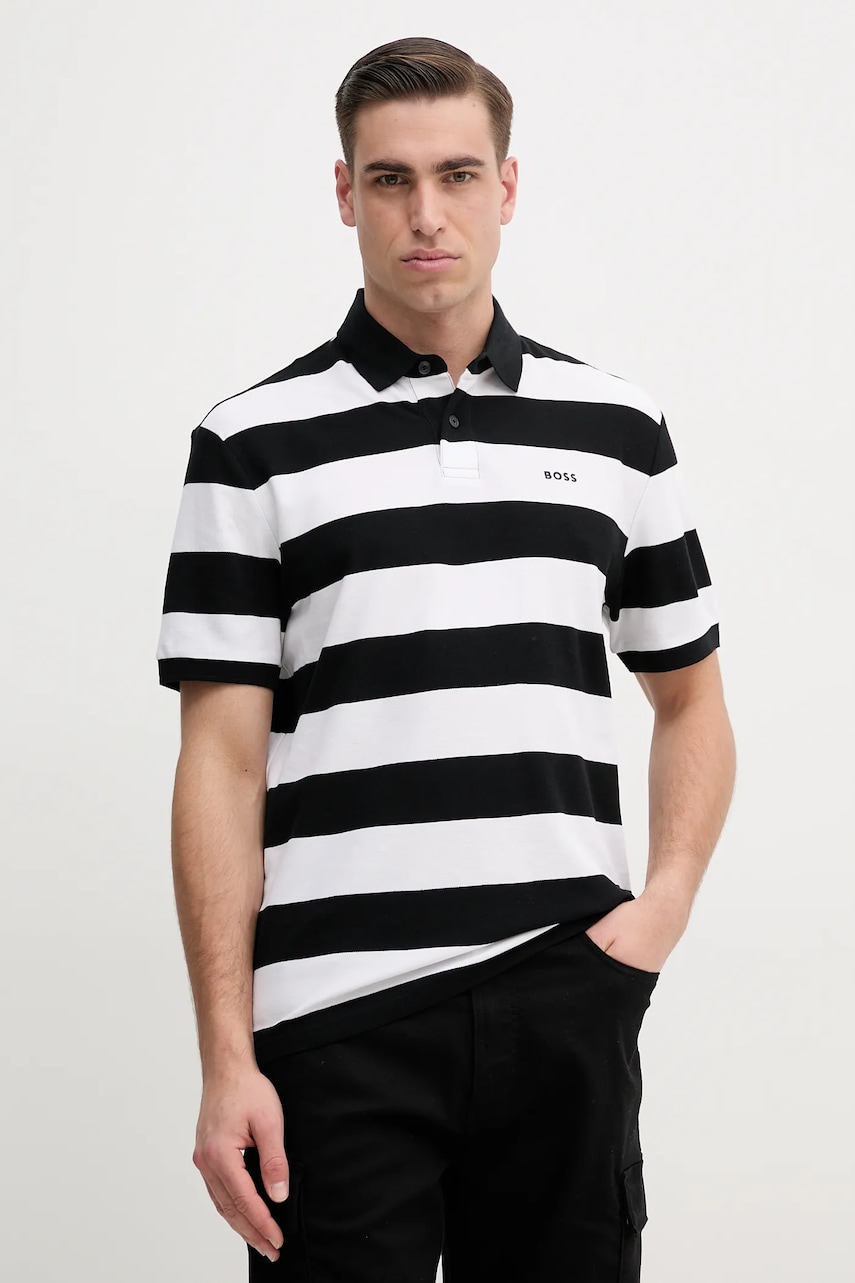 BOSS Orange polo de bumbac bărbați, culoarea negru, cu imprimeu, 50508327 BOSS Orange polo de bumbac bărbați, culoarea negru, cu imprimeu, 50508327