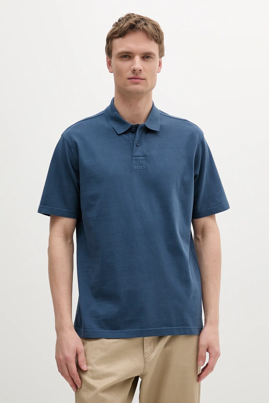 BOSS Orange polo de bumbac culoarea bleumain, neted, 50519740