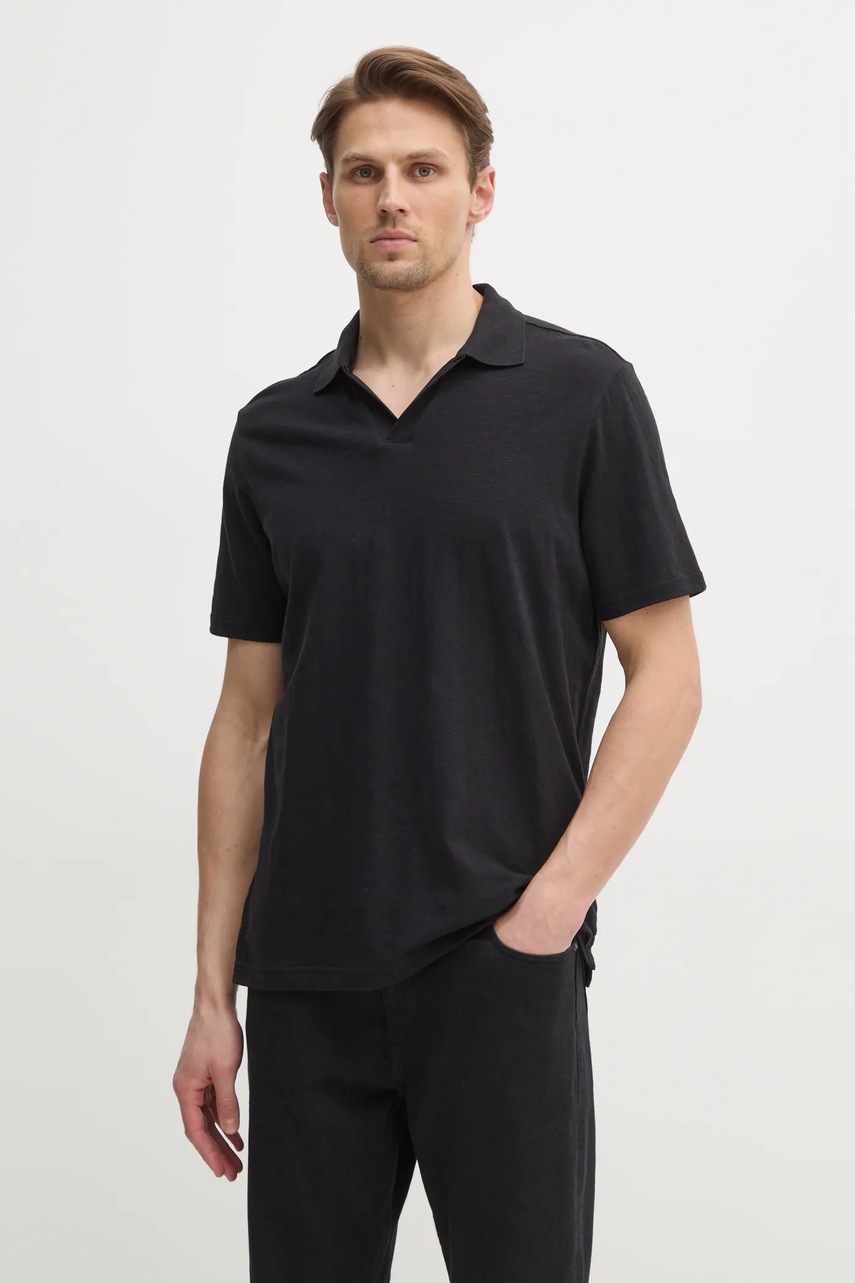 Levně Polo tričko s lněnou směsí Calvin Klein černá barva, K10K114136