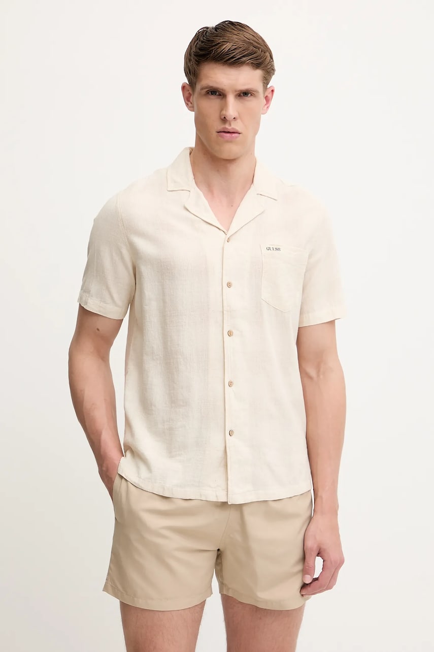 Levně Košile s příměsí lnu Guess pánská, béžová barva, regular, F5GH03 WH431