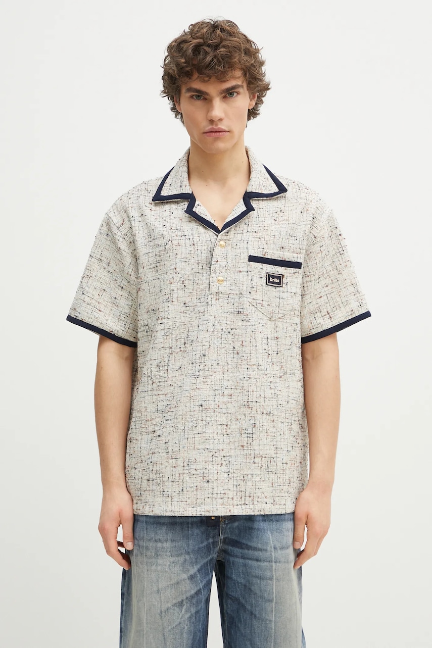 Drôle de Monsieur tricou polo Le Polo Drule Tweed bărbați, culoarea bej, cu imprimeu, G-PL153-CO177-MC