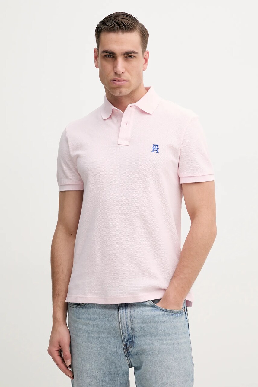Levně Bavlněné polo tričko Tommy Hilfiger růžová barva, s aplikací, MW0MW33167