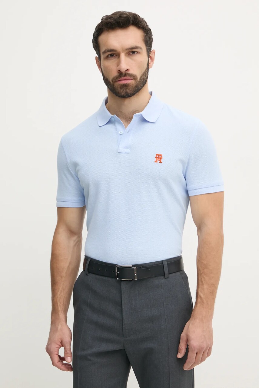 Levně Bavlněné polo tričko Tommy Hilfiger modrá barva, s aplikací, MW0MW33167