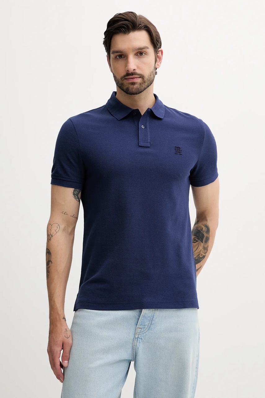 

Памучна тениска с яка Tommy Hilfiger в черно с апликация MW0MW33167, Тъмносин