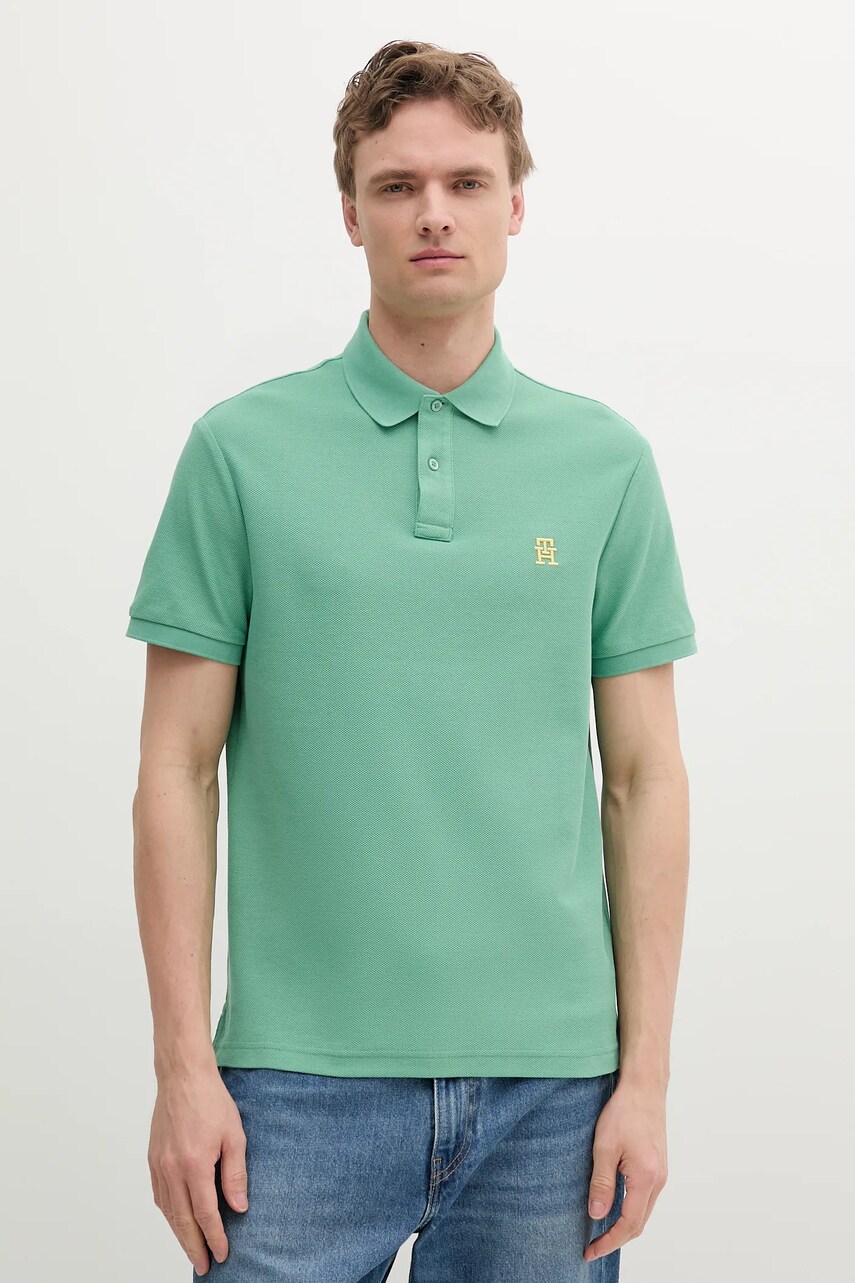 Levně Bavlněné polo tričko Tommy Hilfiger zelená barva, s aplikací, MW0MW33167