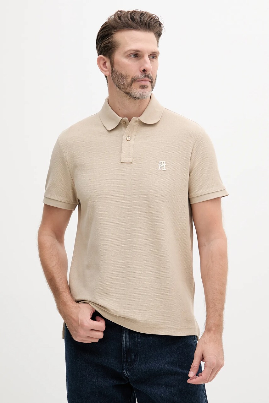 Bavlněné polo tričko Tommy Hilfiger béžová barva, s aplikací, MW0MW33167
